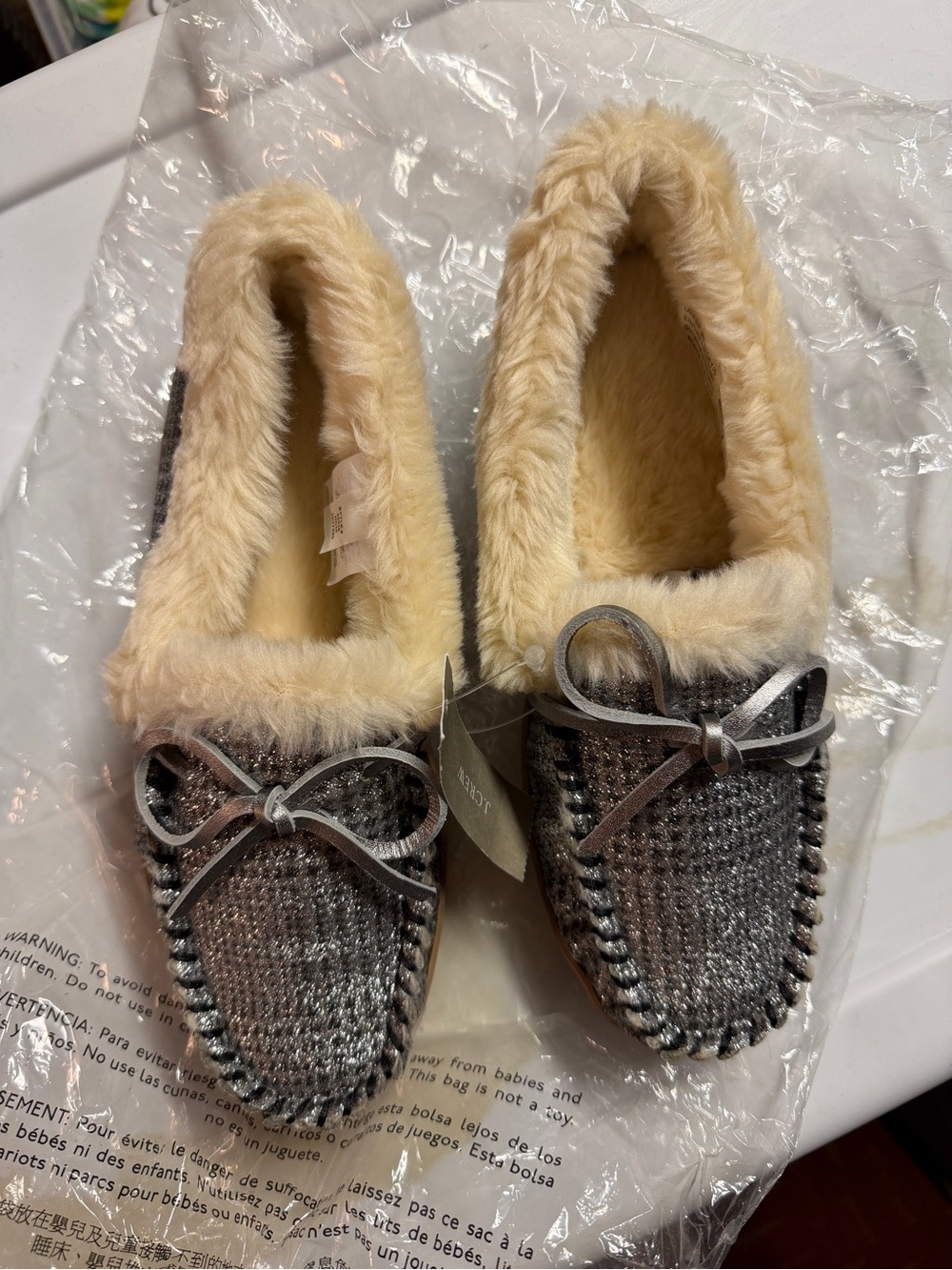 J. Crew Gray Knit Moccasin Slippers with Cream Faux-Fur Lining